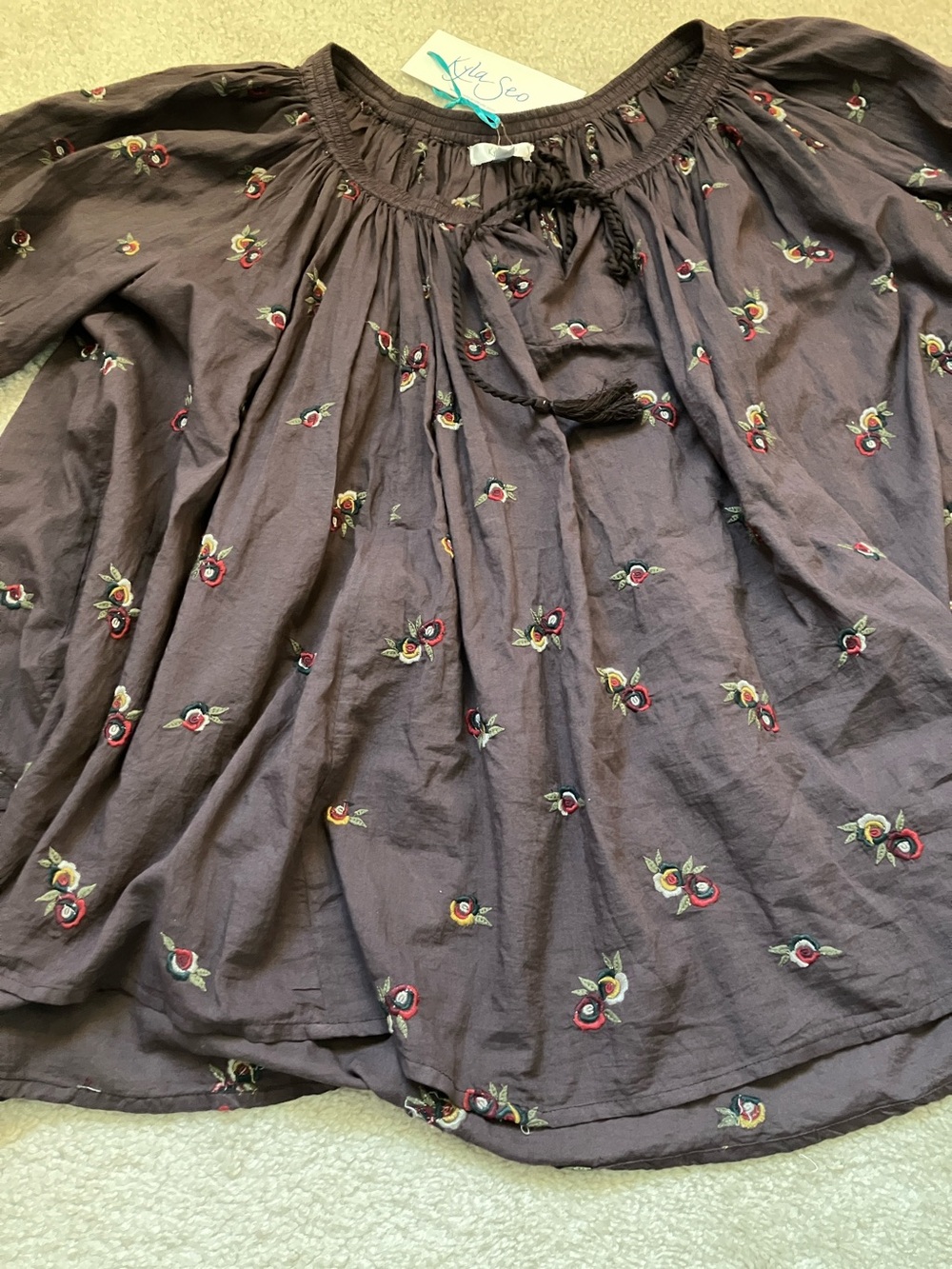 Kyla Seo Women's Brown Embroidered Floral Peasant Blouse - Picture 2 of 9